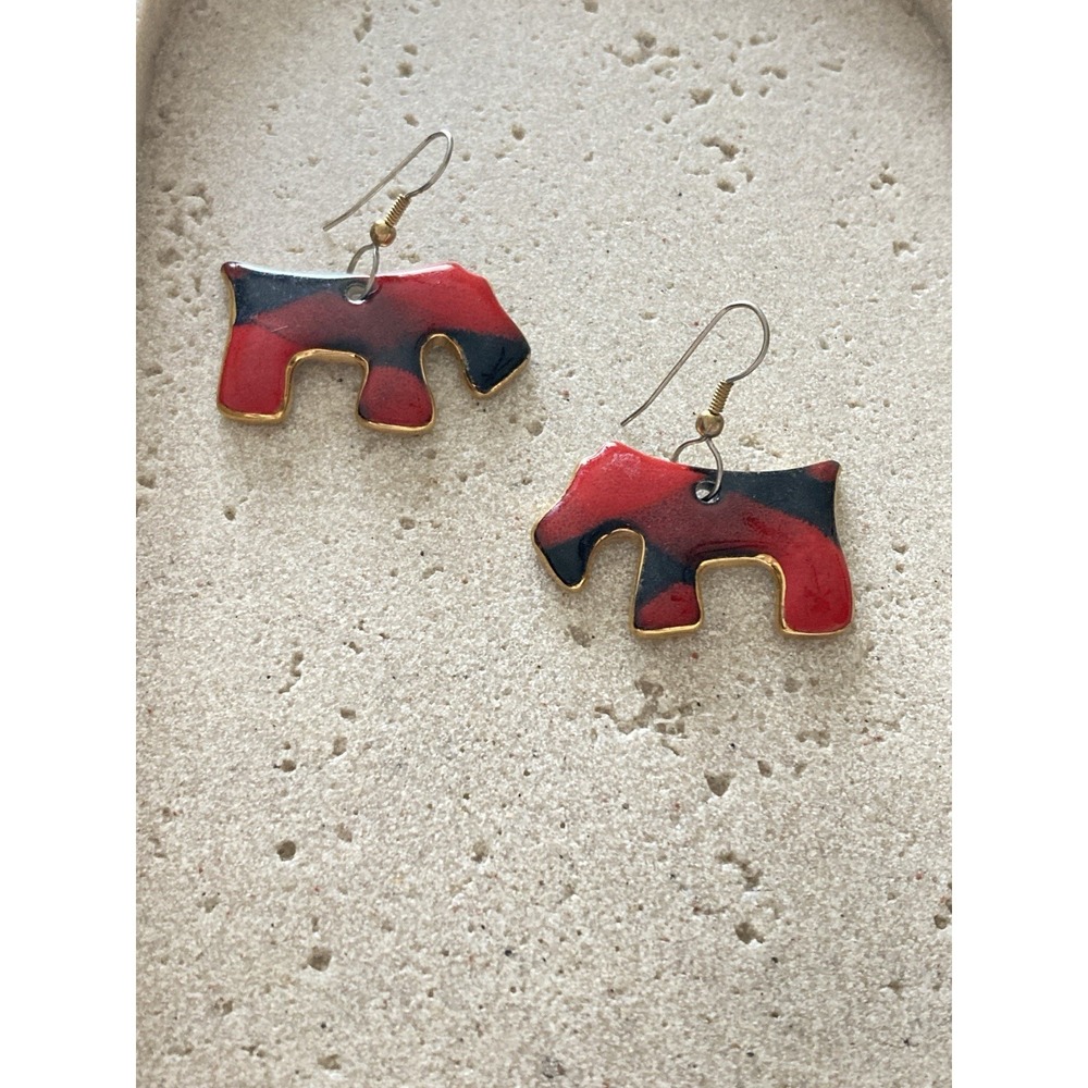 Vintage Enamel Scottie Dog Dangle Earrings Red Black Buffalo Check Plaid